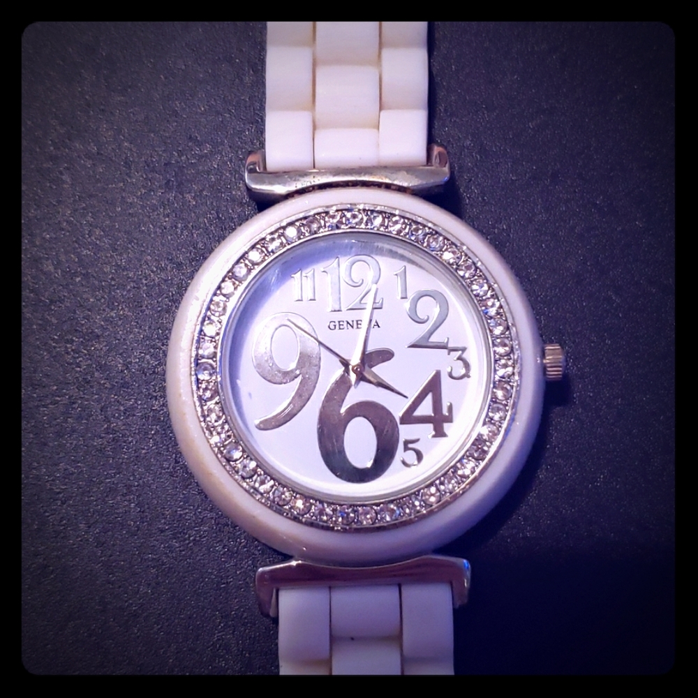 Geneva White Watch With Rhinestones